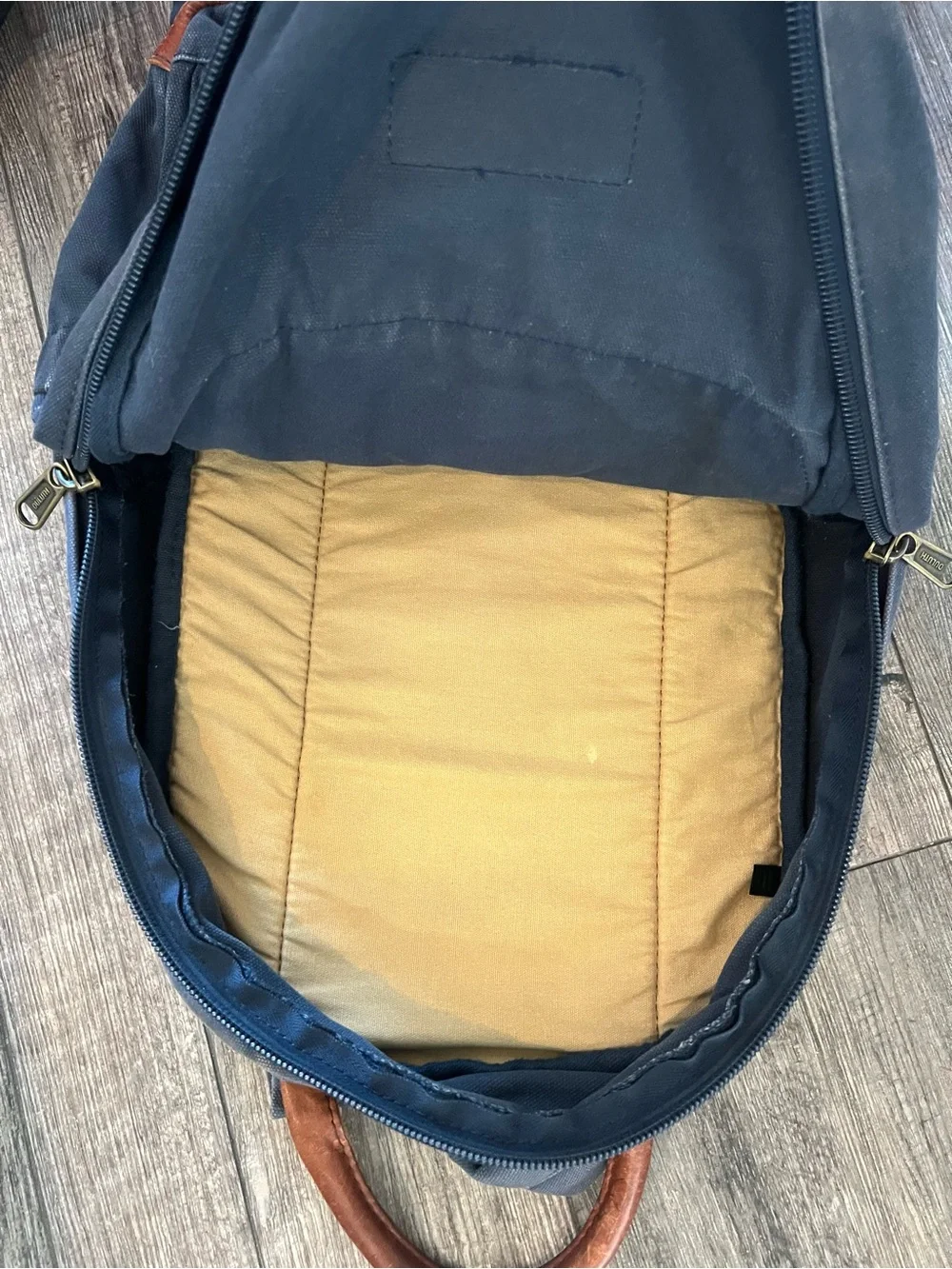Duluth Trading Co Navy Canvas Backpack with Brown Leather Trim